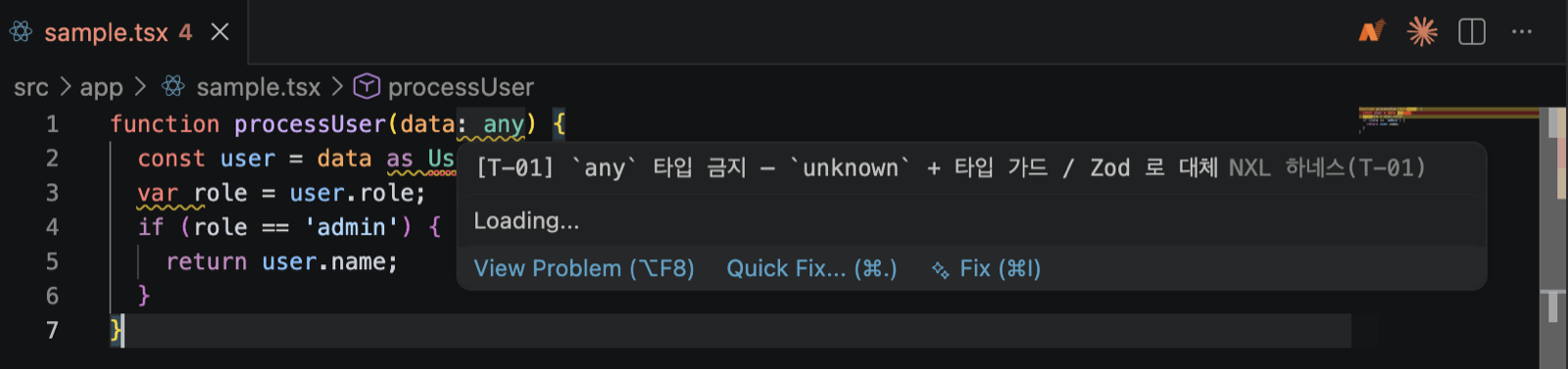 에디터에서 T-01 any 타입 금지 규칙 위반이 표시된 화면