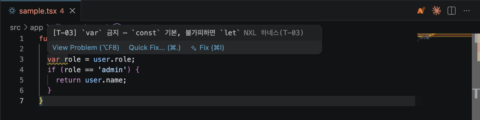 에디터에서 T-03 var 금지 규칙 위반이 표시된 화면